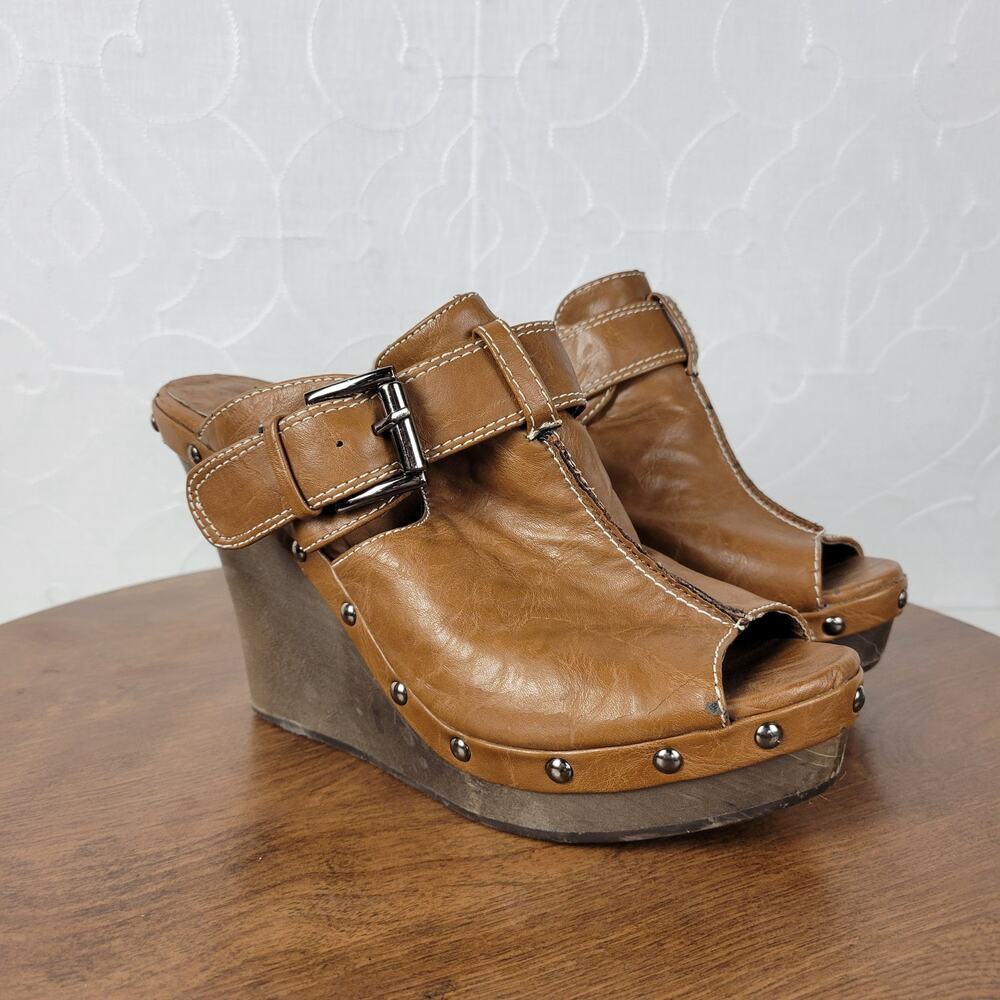 GC Womens Veronica Sandals 38 Brown Leather Peep Toe Buckle Wooden Chunky Wedge